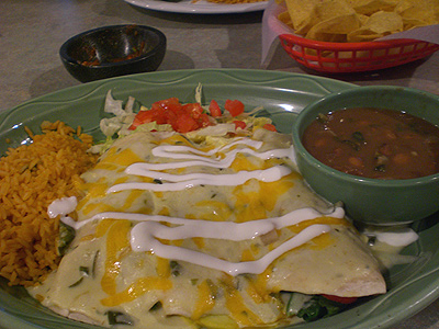 Vegetable Enchiladas w/Spanish rice and charro beans