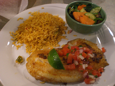 Blackened Tilapia w/vegetable medley and Spanish rice
