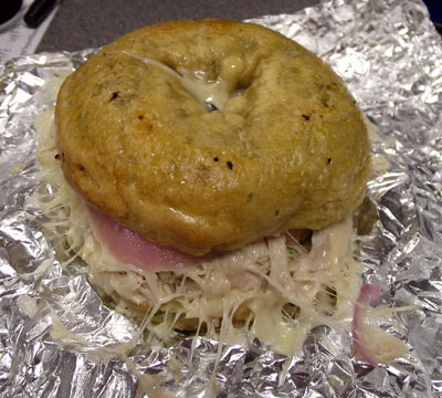 A 'Build Your Own' bagel from Gilpin's with turkey, swiss, onions and spinach cream cheese