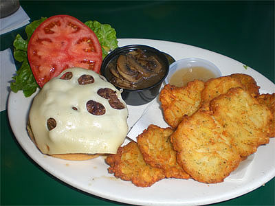 Mushroom and Swiss burger with Potato Pancakes