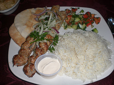 Chicken Lula with rice pilaf and salad