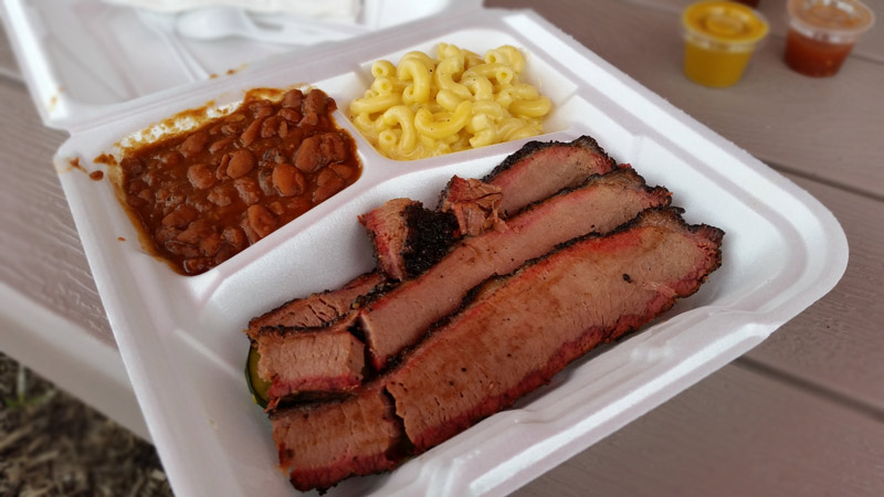 brisket, mac 'n cheese and spicy baked beans