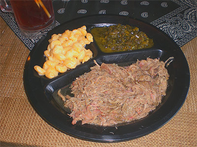 Pulled pork, mac & cheese and collard greens from Pit To Plate BBQ