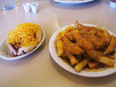 Cheese coney and gravy cheese french fries from Pleasant Ridge Chili