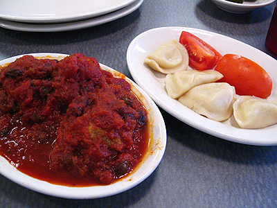 Sweet and sour turkey meatballs and Pierogies