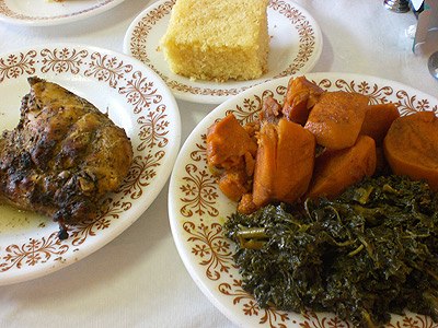 Jerk chicken w/greens and candied yams