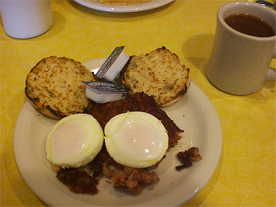 Corned beef hash, poached eggs and an English muffin from Sugar 'N Spice