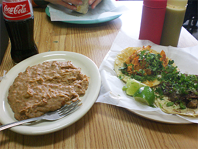 Taqueria Mercado tacos and refried beans