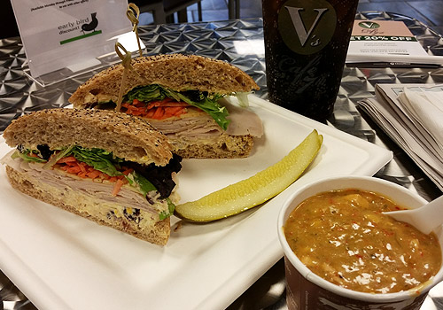 The Natural sandwich with red pepper pesto soup and chicken