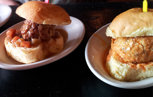 Beef meatball slider with hunter gravy and buffalo chicken slider