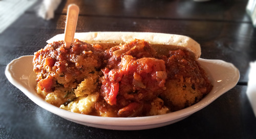 Quinoa meatball bowl with polenta and marinara