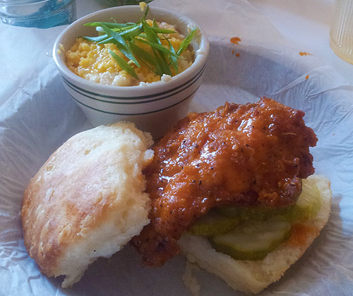 Nashville Hot chicken biscuit sandwich w/cheddar grits