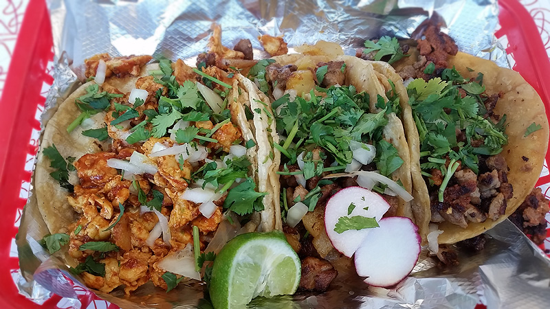 Tacos: chicken adobado, al pastor and campechanos.